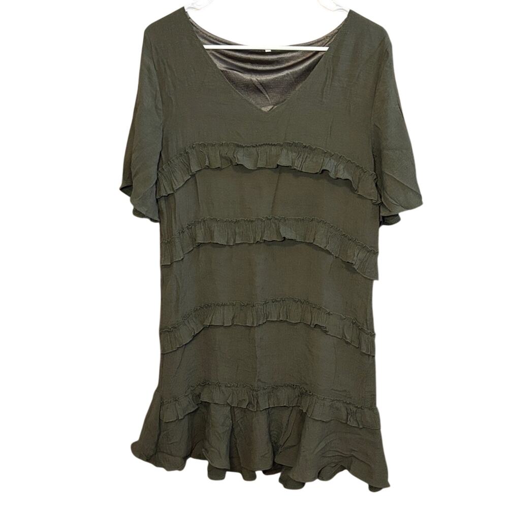 Olive Green Ruffle Tiered Tunic Top Boho Flowy Women’s Medium